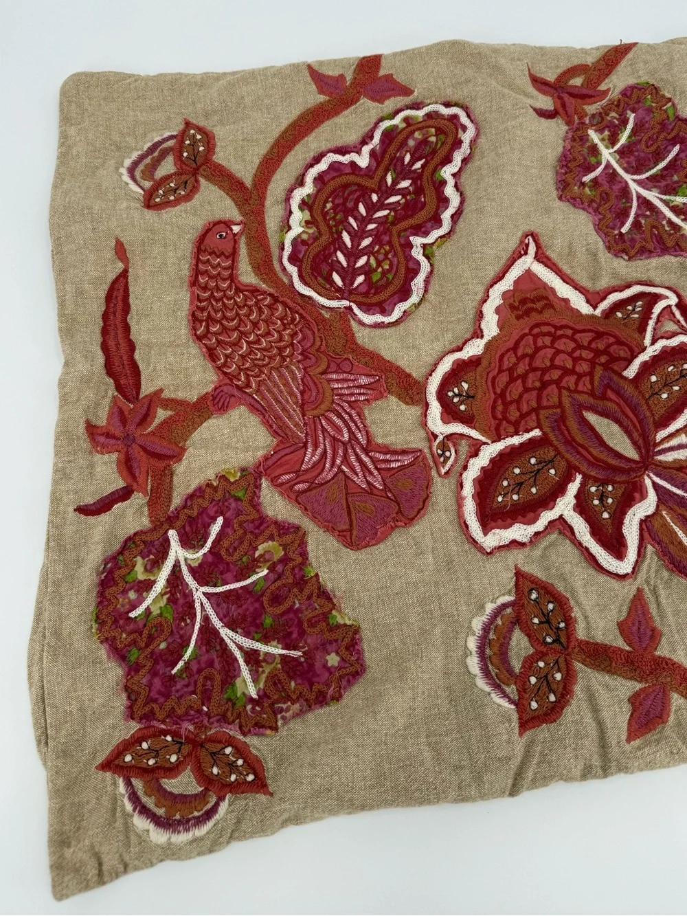 Pottery Barn Embroidered Bird Floral Pillow Cover | Natural | 24x24